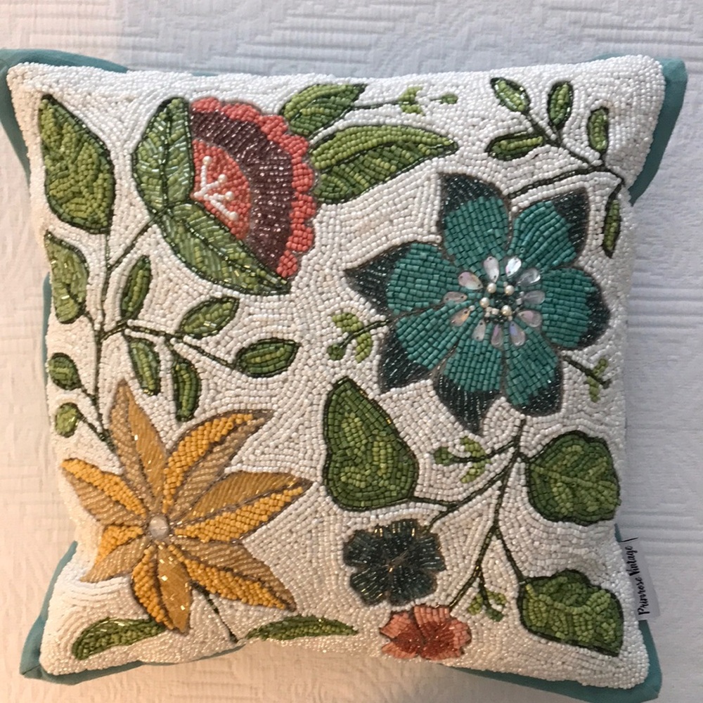 Primrose Vintage Floral Beaded Decorative Throw Pillow White Blue Yellow Spring